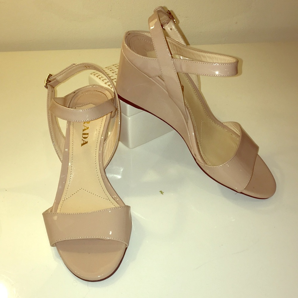 PRADA Cipria/nude patent leather wedge sandals